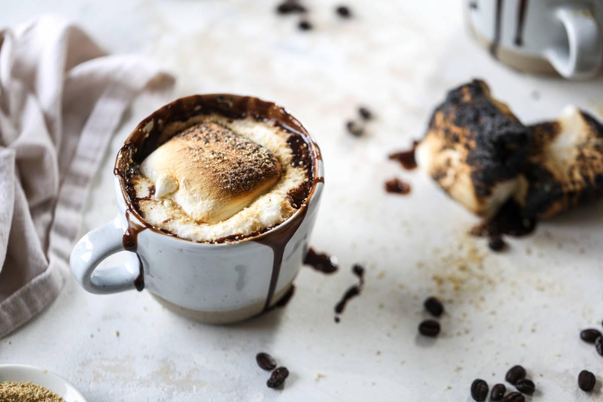 Start your morning right with this delicious cup of S'mores Mocha Latte Coffee!