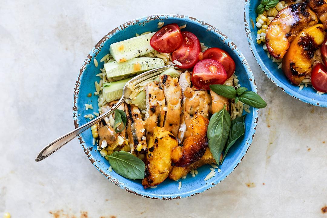 Grilled Honey Lime Chicken and Peach Bowls