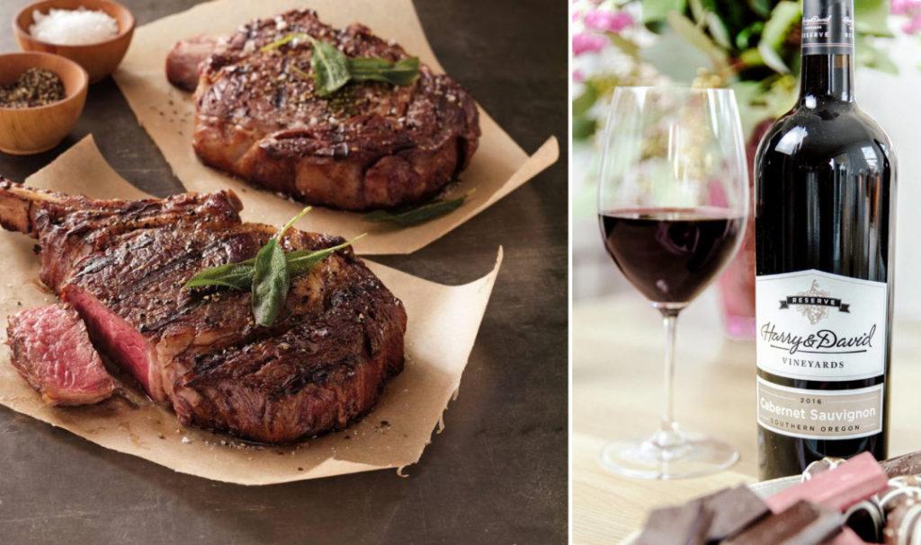 BBQ wine pairings with two steaks next to a bottle of cabernet sauvignon.