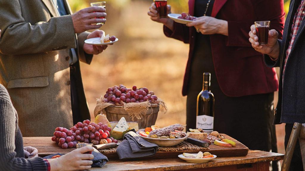 grape harvest image   four people gathered around a table drinking wine and eating charcuterie