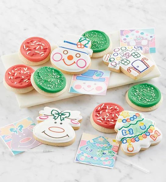 Gifts under $ with several holiday decorated cookies on a table.