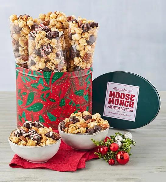 Gifts under $ with a Christmas decorated tin full of Moose Munch popcorn.