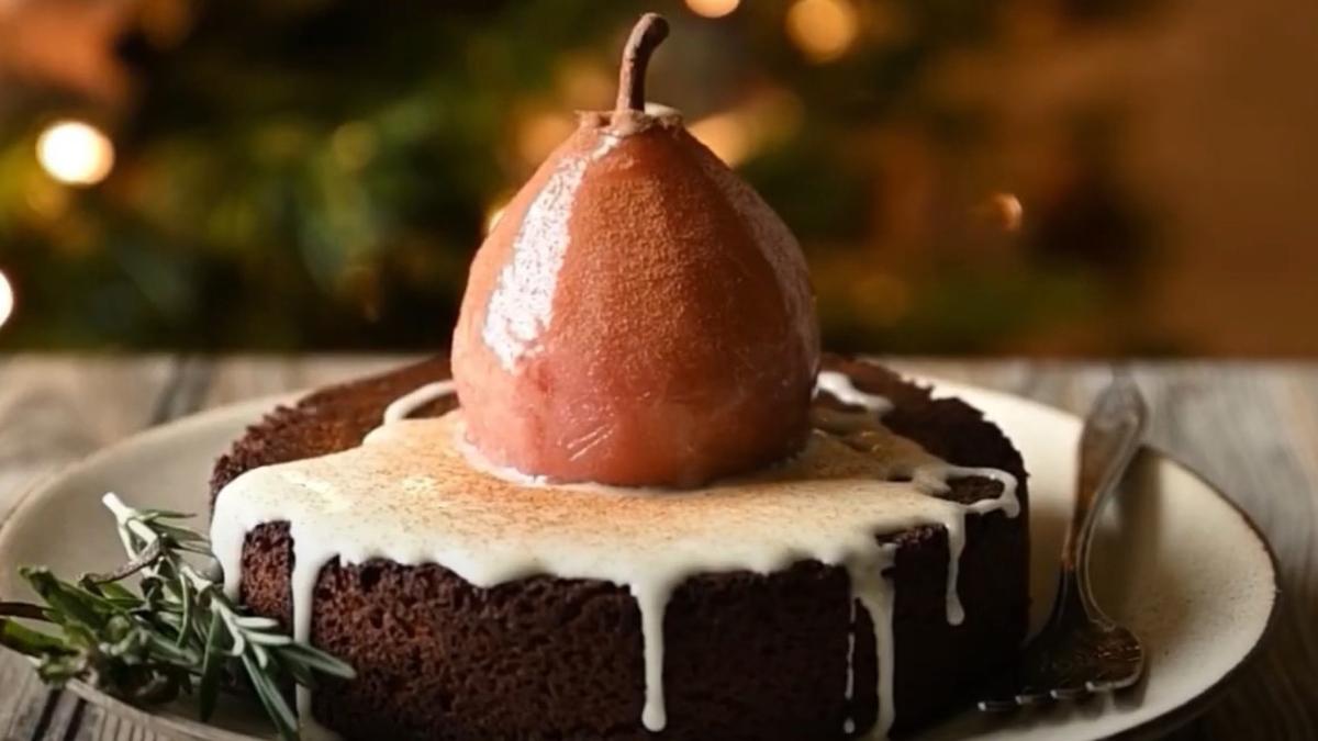 Spice Cake With Rosemary Poached Pears & Maple Cream