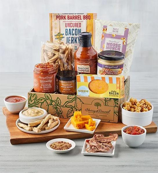 Boss's day gift ideas with a box of savory BBQ snacks.