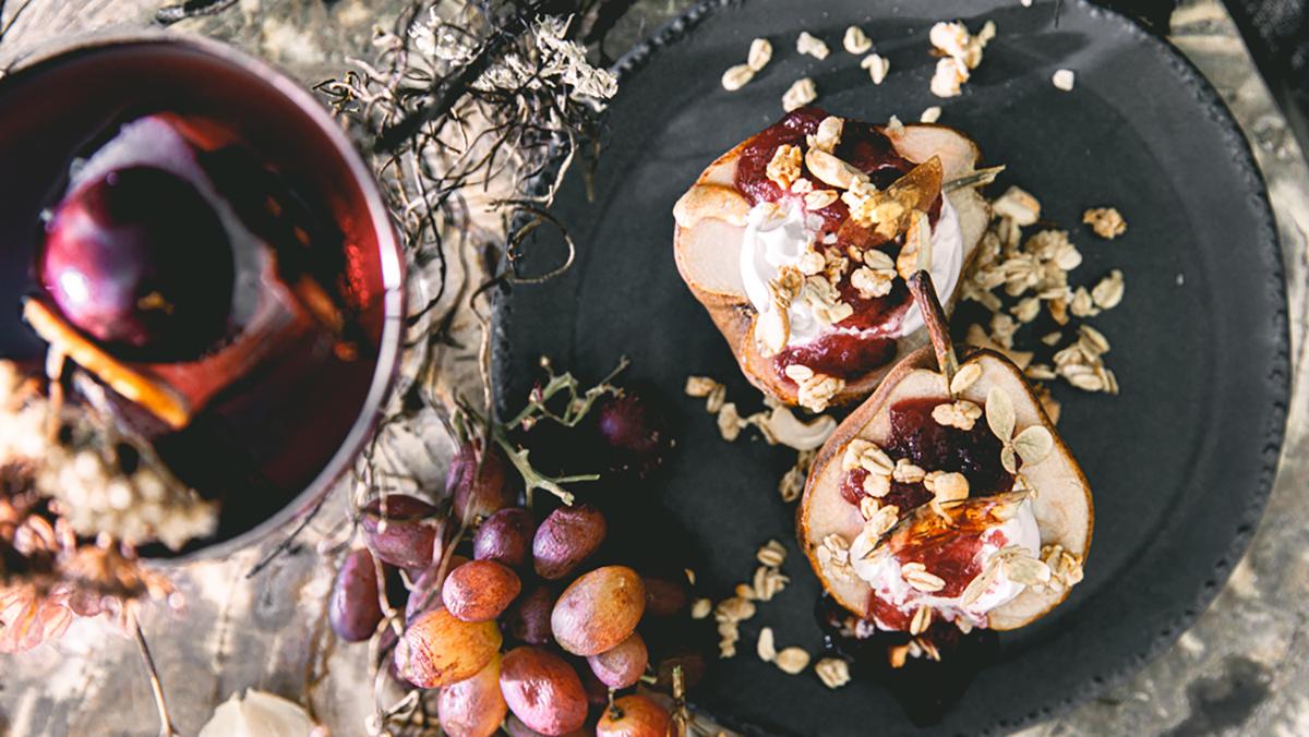 Goat Cheese Stuffed Pears with Cranberry Preserves