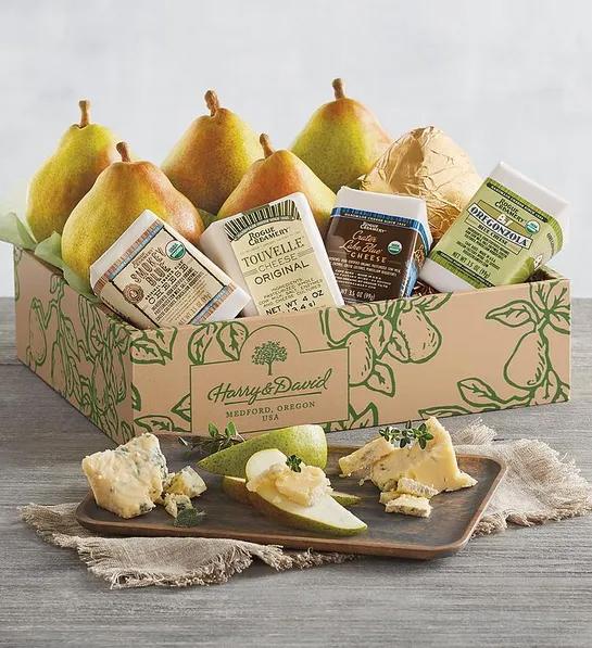 Gifting matrix with a box of pears and cheese.