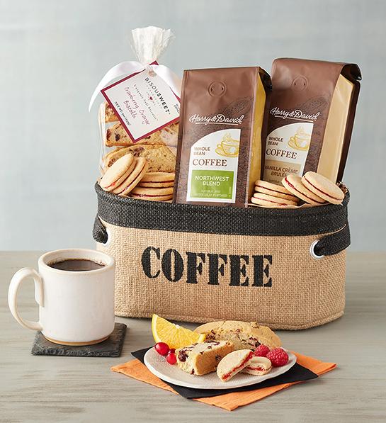 Feel better gifts with a gift basket full of coffee beans and cookies.