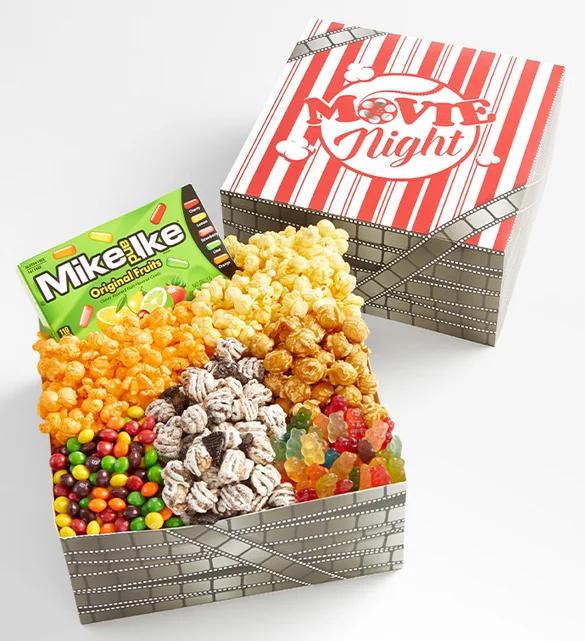 A box of popcorn and other snacks.