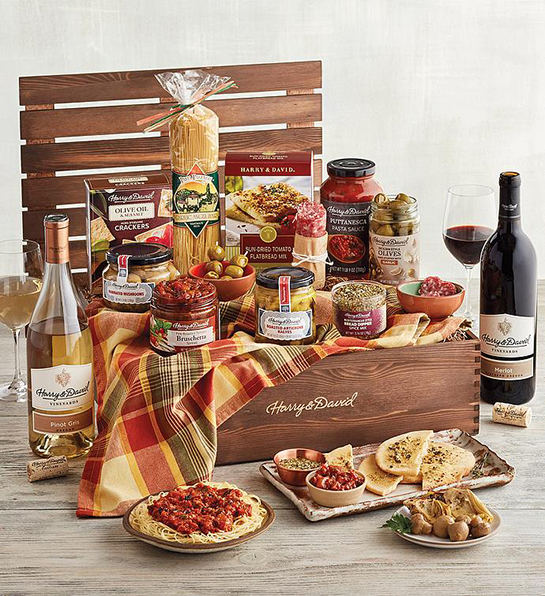 Best gift basket full of Italian inspired savory food items and two bottles of wine