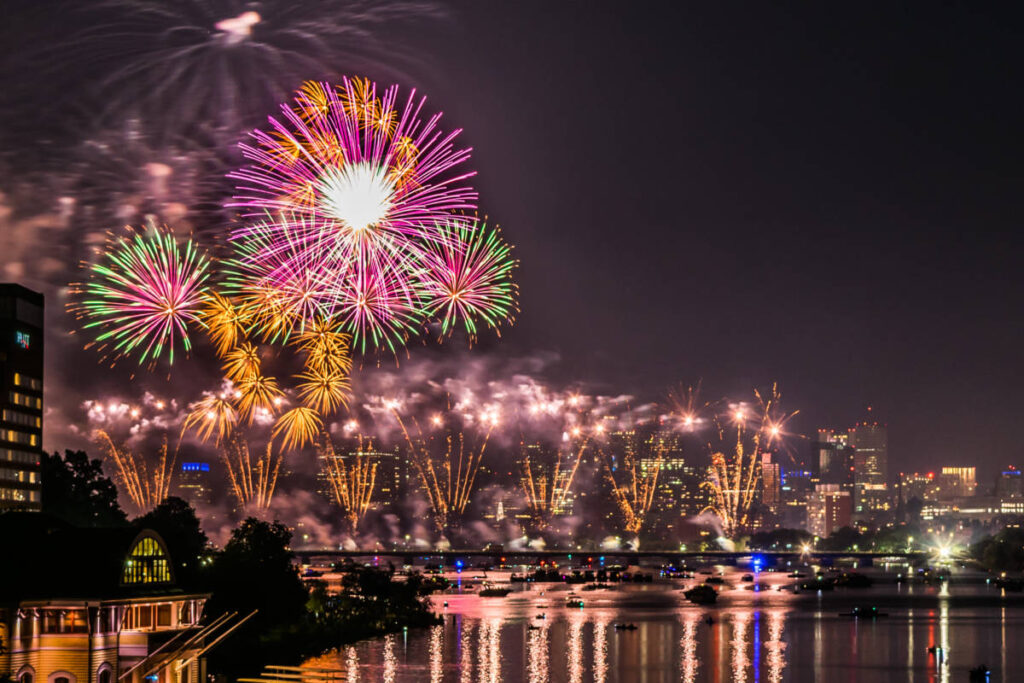 Fourth of July facts with fireworks bursting over Boston harbor.