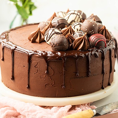 Red wine chocolate truffle cake on a stand