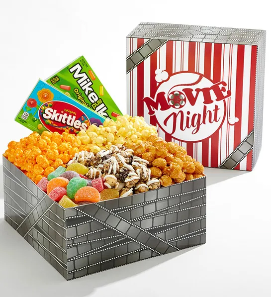 Gifts for couples with a box full of different types of popcorn and candy