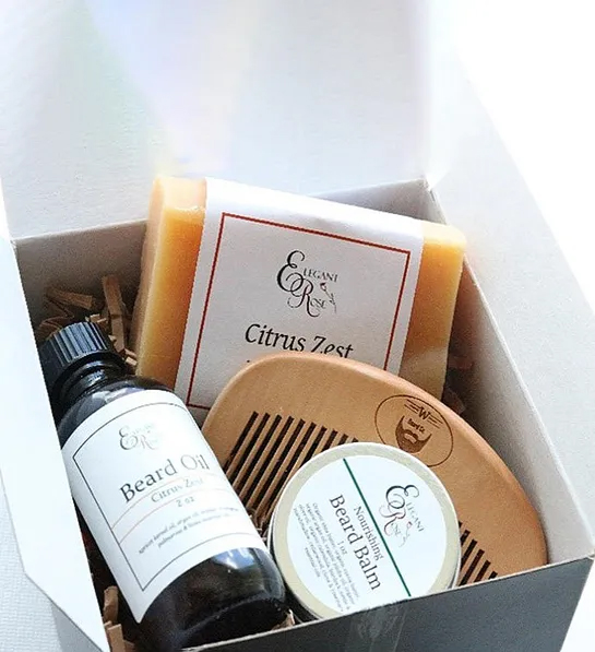 Valentines Day gifts for him with a box full of beard care tools and oils