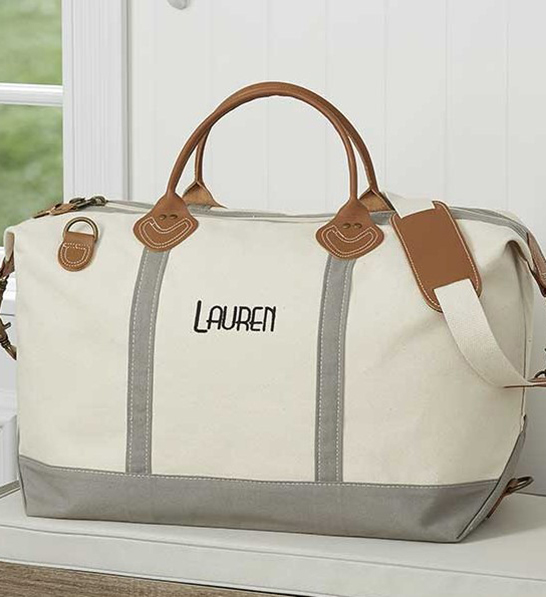 A photo of gifts for women with a personalized canvas duffel bag