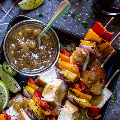 Fathers Day recipes with a platter of chicken and vegetable kebabs