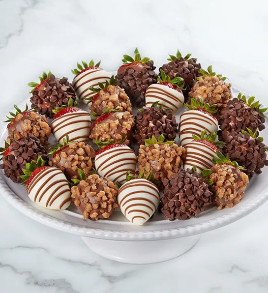 A photo of fathers day gift guide with a plate of chocolate covered strawberries