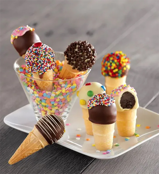 August birthdays ice cream cone cake pops on a plate