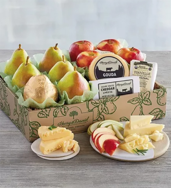 Party themes for adults with a box of pears apple and cheese