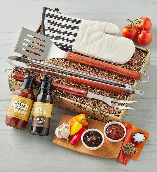 Sweetest Day gifts with a bbq tools and sauce gift set