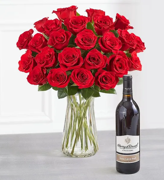 Sweetest Day gifts with a bouquet of roses and bottle of wine