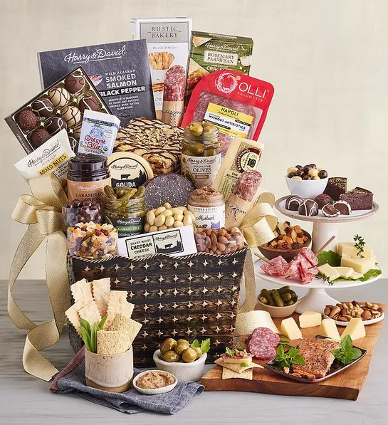 Best gifts with a basket full of sweet and savory snacks and treats surrounded by more of the same snacks