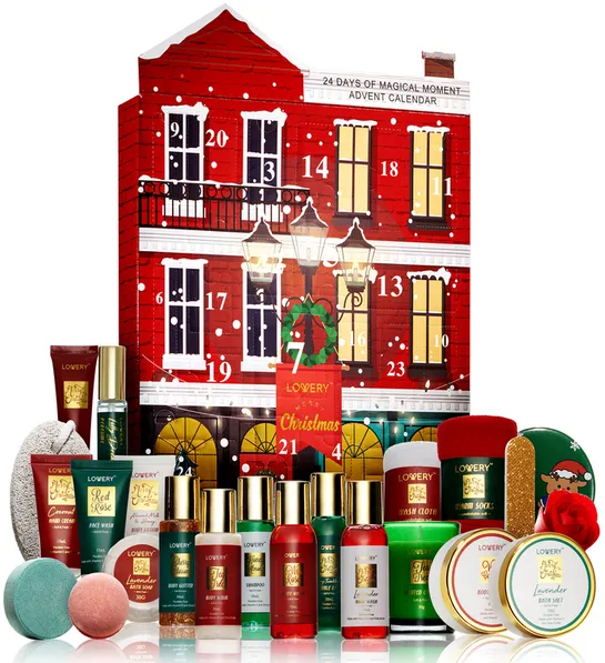 Advent calendar with beauty and spa products in front of it