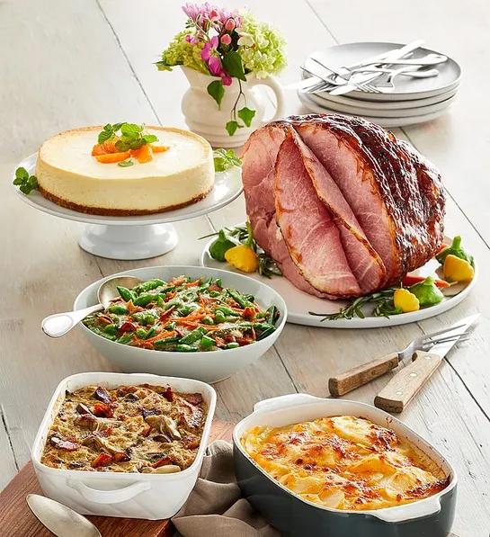 Can you fly with Thanksgiving food with a gourmet ham dinner on a table