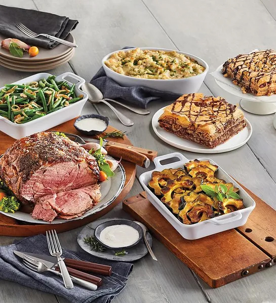 Can you fly with Thanksgiving food with a gourmet prime rib feast on a table