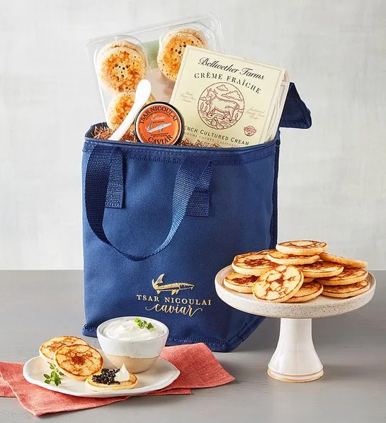 Caviar estate gift with a bag of caviar bread and creme fraiche