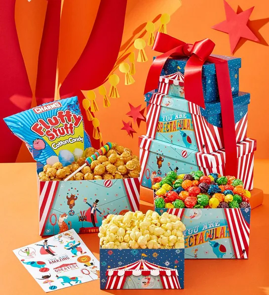 Gifting matrix with a collection of colorful boxes full of popcorn and candy