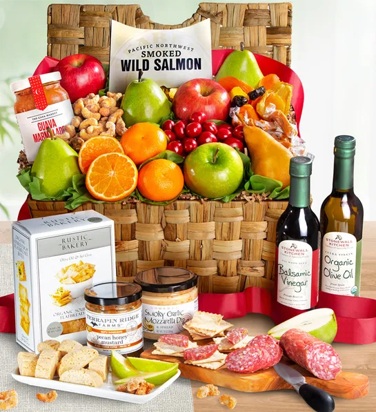 Gifting matrix with a hamper full of fruit crackers and other snacks surrounded by bottles of wine and more snacks