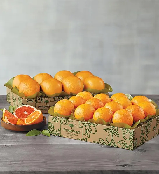 Gifting matrix with two boxes one filled with grapefruits the other filled with oranges