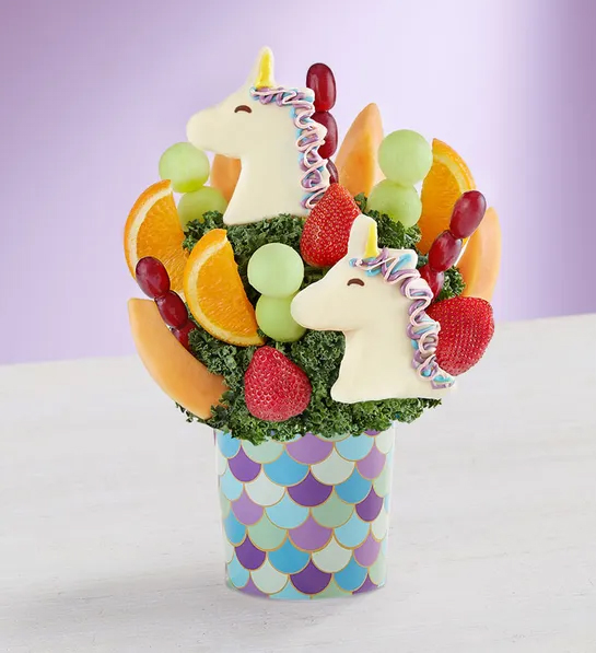 Gifts for coworkers with a fruit bouquet with unicorns