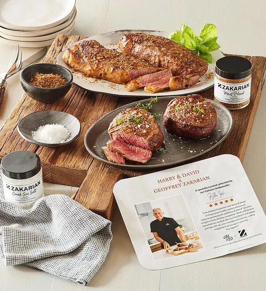 Galentines Day gift ideas with a plate of steak and other cuts of meat with rubbing salt