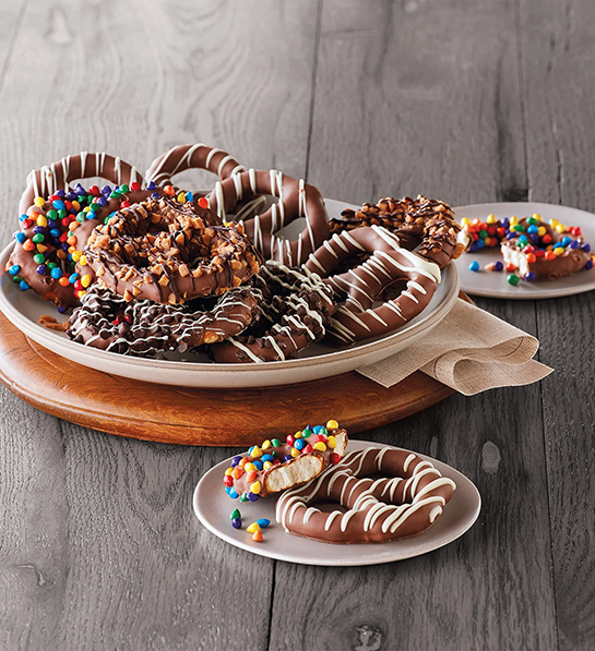 Valentines Day gift ideas for him with a plate of chocolate covered pretzels