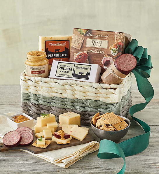 Valentines Day gifts for him with a basket of meat and cheese