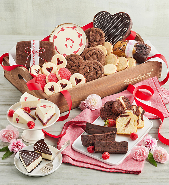 Valentines Day gifts for her with a tray full of baked goods