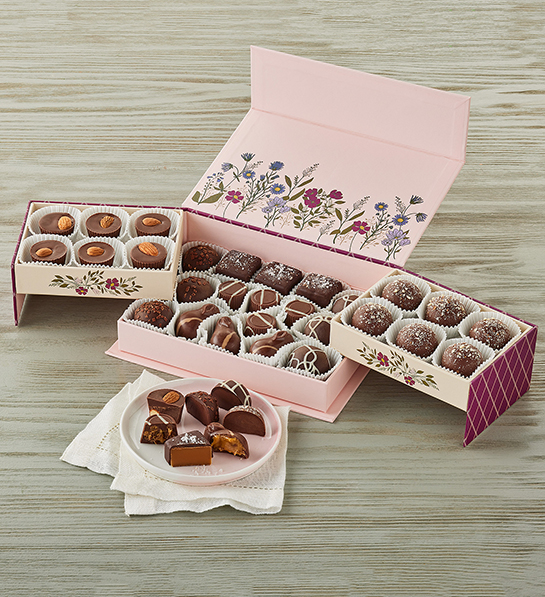 Valentines Day gifts for her with a box of chocolates decorated with flowers