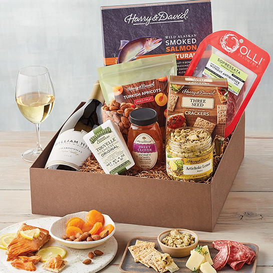 Chardonnay pairing gift box with smoked salmon cheese nuts and other snacks