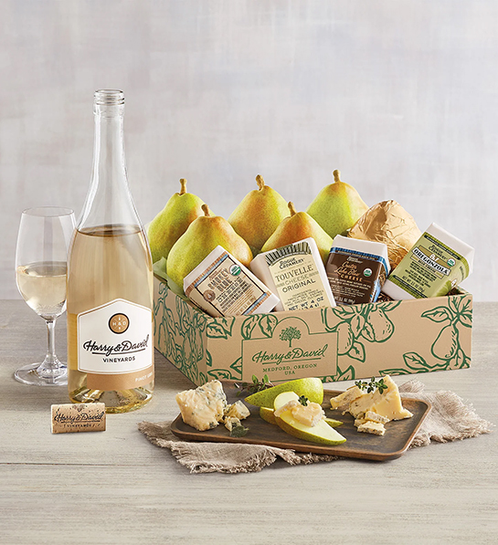 Pinot Gris next to a box of cheese and pears