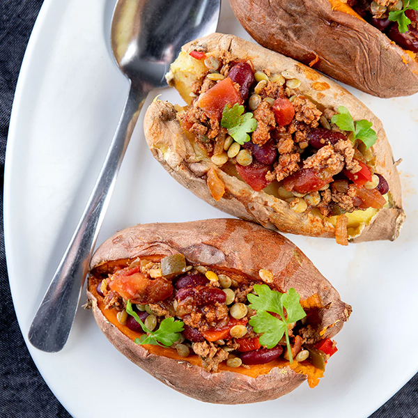 Sweet potato turkey chili in sweet potato skins