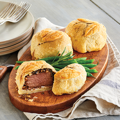 Winter wine pairings with mini beef Wellingtons on a platter