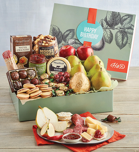 th birthday ideas with a box of fruit chocolate cheese and other snacks