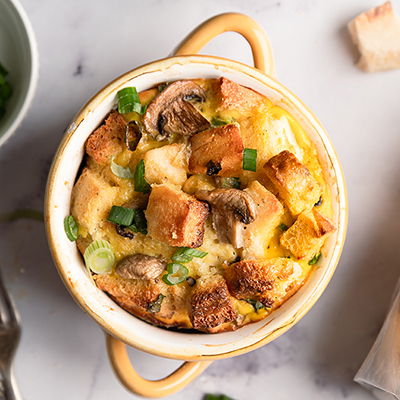 Breakfast for dinner with an egg strata in a small dish