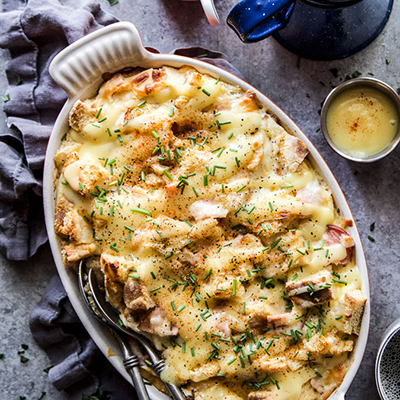 Eggs Benedict casserole in a dish