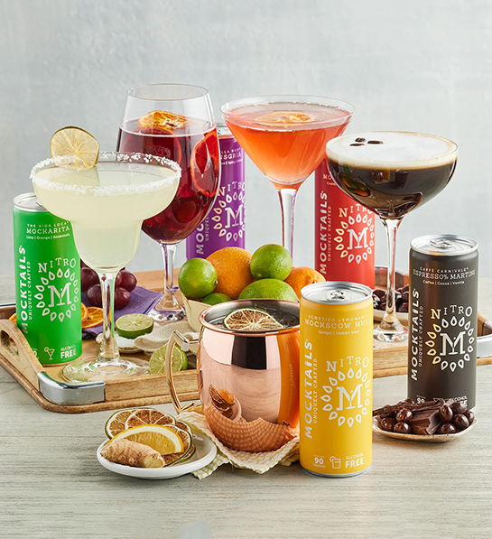 Thoughtful food gifts with a collection of mocktails in cans and glasses